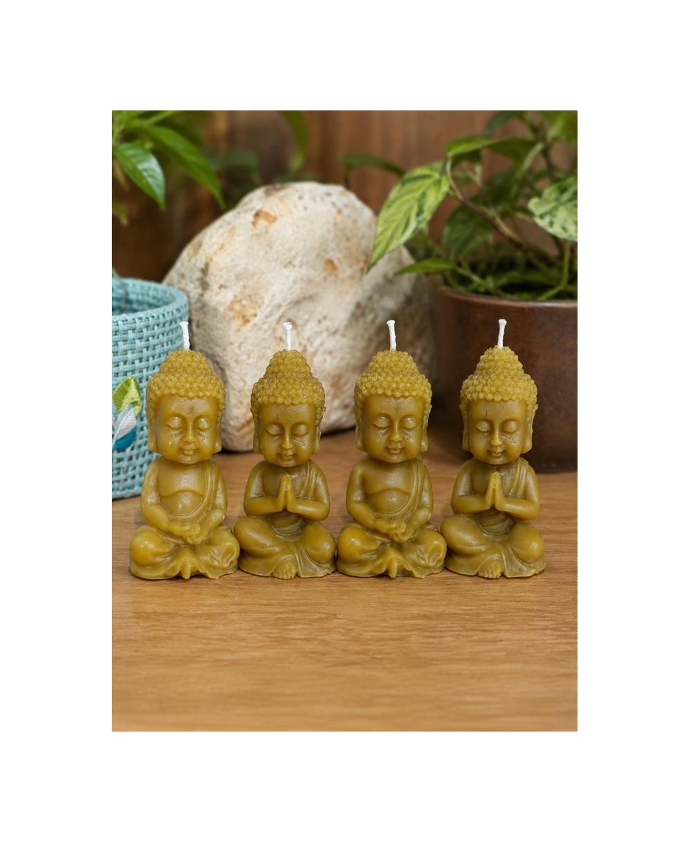 Presentación del pack de velas buda elaboradas con cera de abeja natural.