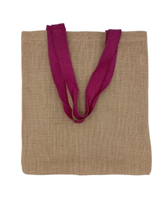 Bolsa reutilizable de yute con asas azules y diseño ecológico natural.