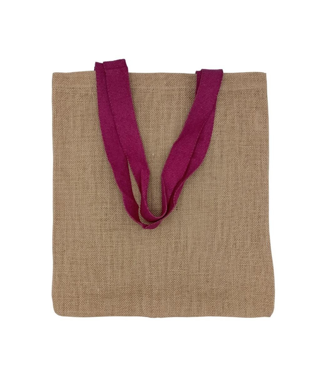 Bolsa reutilizable de yute con asas azules y diseño ecológico natural.