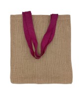Bolsa reutilizable de yute con asas azules y diseño ecológico natural.