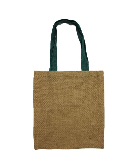 Bolsa reutilizable de yute con asas verdes y diseño ecológico natural.