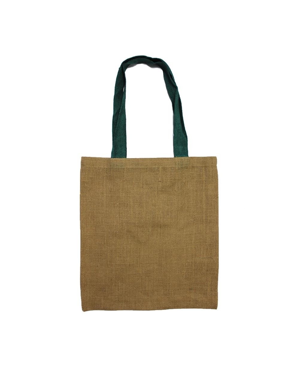 Bolsa reutilizable de yute con asas verdes y diseño ecológico natural.