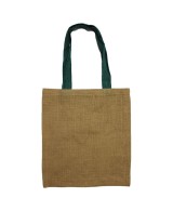 Bolsa reutilizable de yute con asas verdes y diseño ecológico natural.