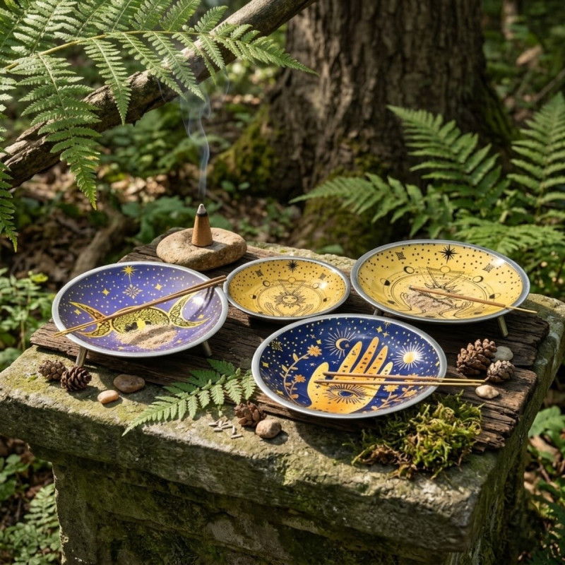 Platos esmaltados con tres patas para incienso y ofrendas.