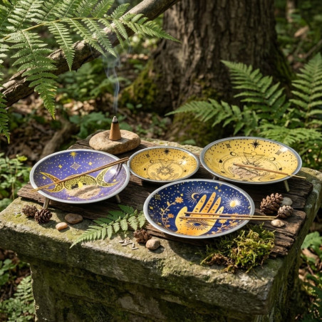 Platos esmaltados con tres patas para incienso y ofrendas.