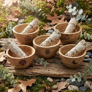 Cuencos de madera vintage con símbolos decorativos.