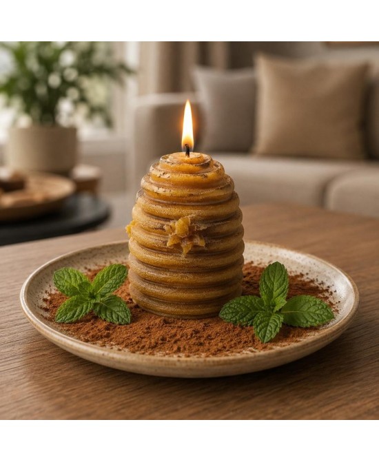Acabado artesanal en velas de cera de abeja con forma de colmena.