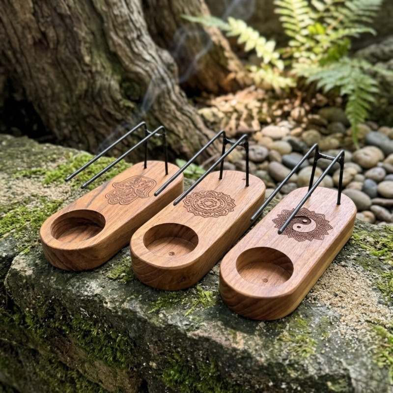 Calentadores de palo santo en madera de teca con soporte metálico y base para vela de té.