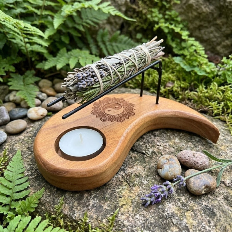 Calentador de madera yin yang con soporte metálico y espacio para vela de té.