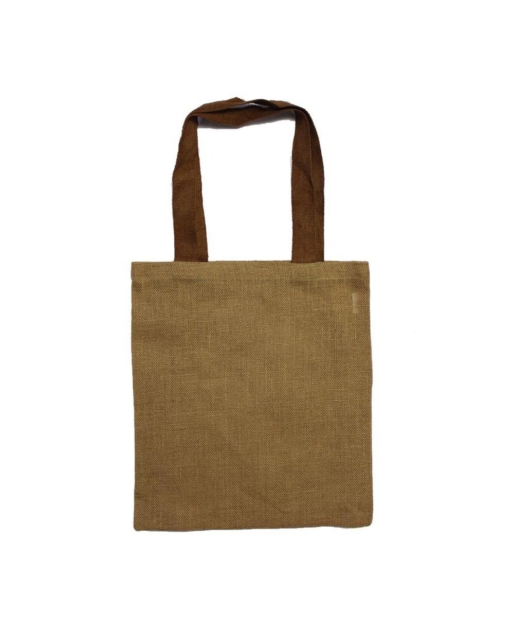Bolsa reutilizable de yute con asas marrón y diseño ecológico natural.