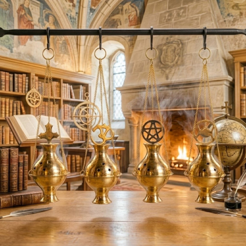 Botafumeiros dorado de latón colgantes disponibles en varios símbolos decorativos.