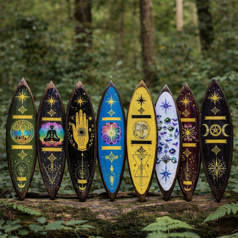 Portainciensos de madera esmaltada tipo canoa con diseños espirituales variados.