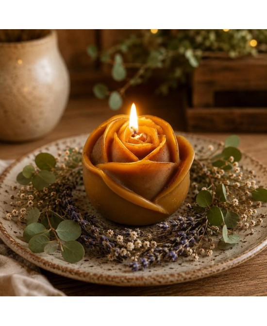 Vela  con forma de rosa de cera de abeja con mecha encendida.