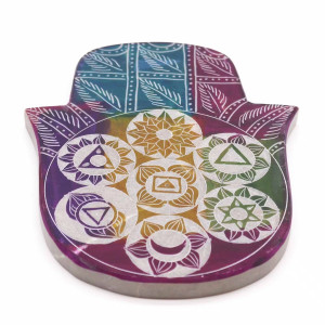 Portaincienso grande en forma de Hamsa con símbolos de chakras en colores.