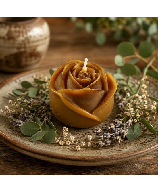 Presentación de vela floral de cera de abeja con forma de rosa abierta.