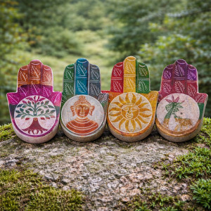Colección de portainciensos Hamsa de esteatita con diferentes diseños.