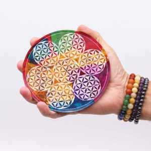 Portaincienso redondo de esteatita con patrón flores de la vida multicolor.