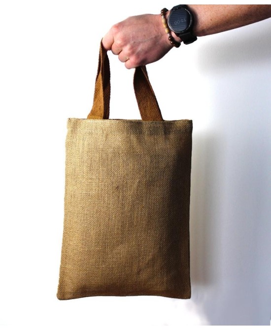 Bolsa reutilizable de yute tamaño pequeño y diseño ecológico natural.