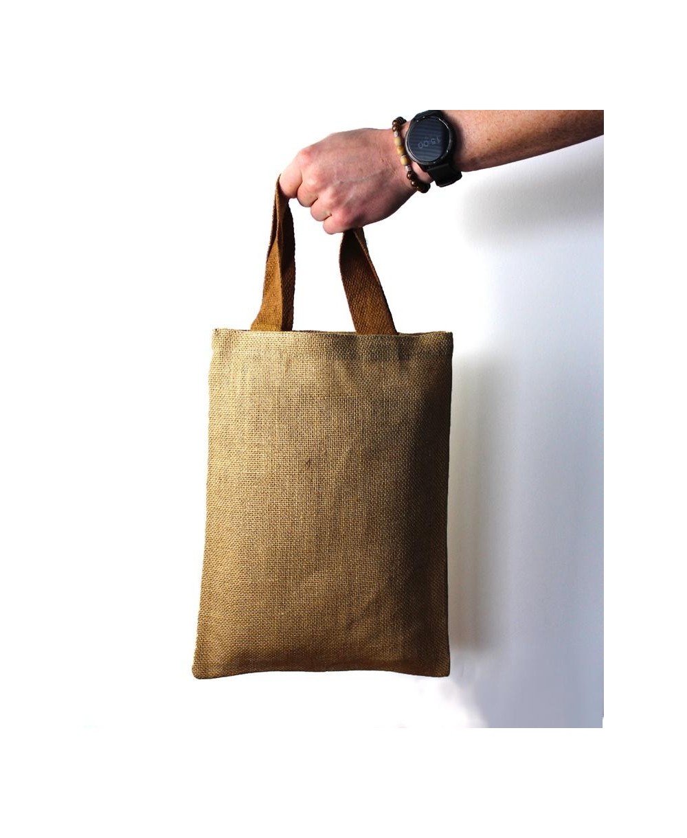 Bolsa reutilizable de yute tamaño pequeño y diseño ecológico natural.