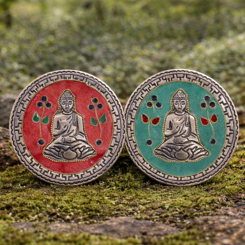 Soporte de incienso con figura de buda en metal para varillas y conos sobre base decorativa redonda en tonos verde o rojo.