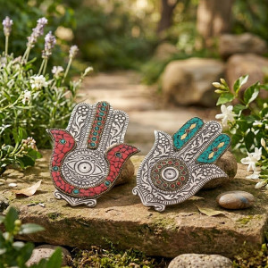 Portainciensos Hamsa en metal con detalles rojo y verde para varillas sobre superficie decorativa.