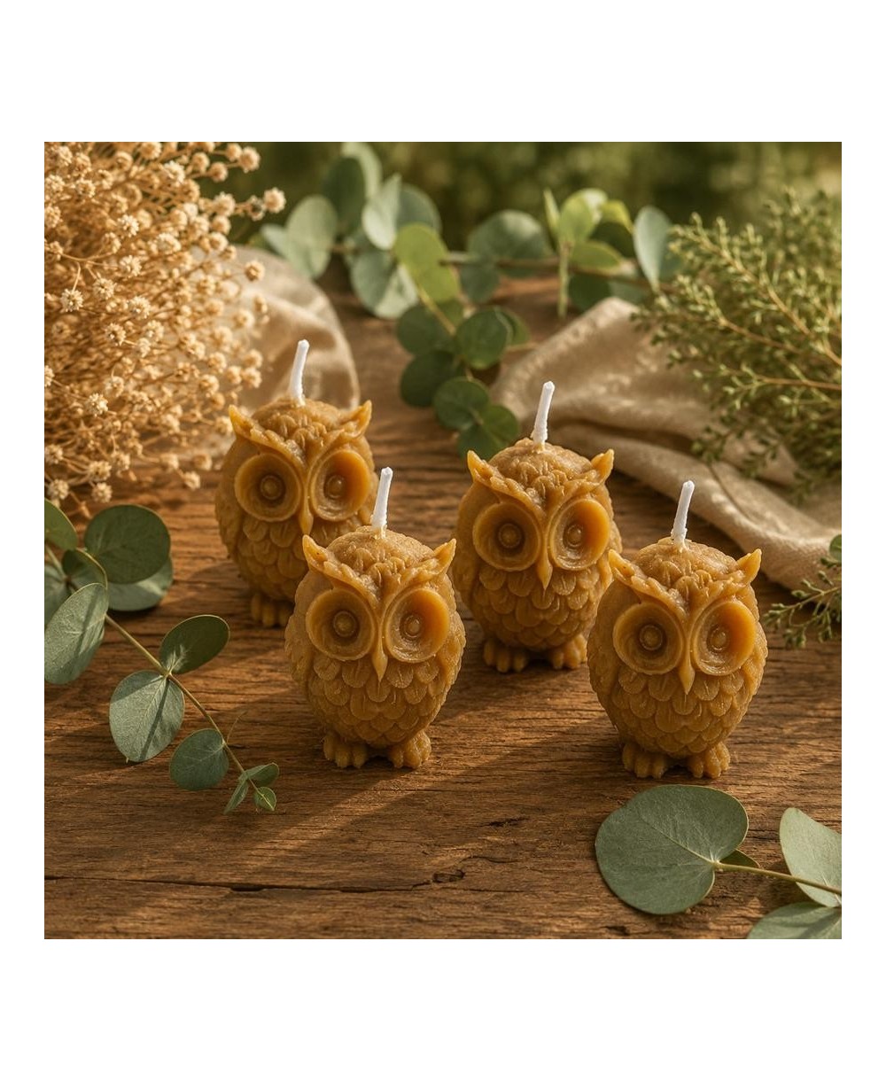 Pack de cuatro velas búho elaboradas con cera de abeja natural sobre mesa decorativa.