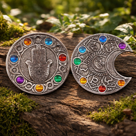 Soporte de incienso en forma de luna con piedras de colores para varillas sobre base decorativa.