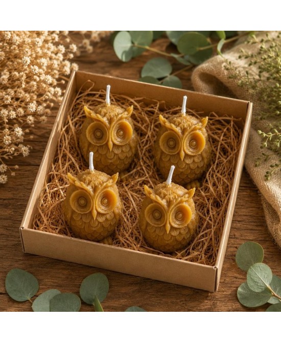 Conjunto de velas búho artesanales de cera de abeja natural para decoración.