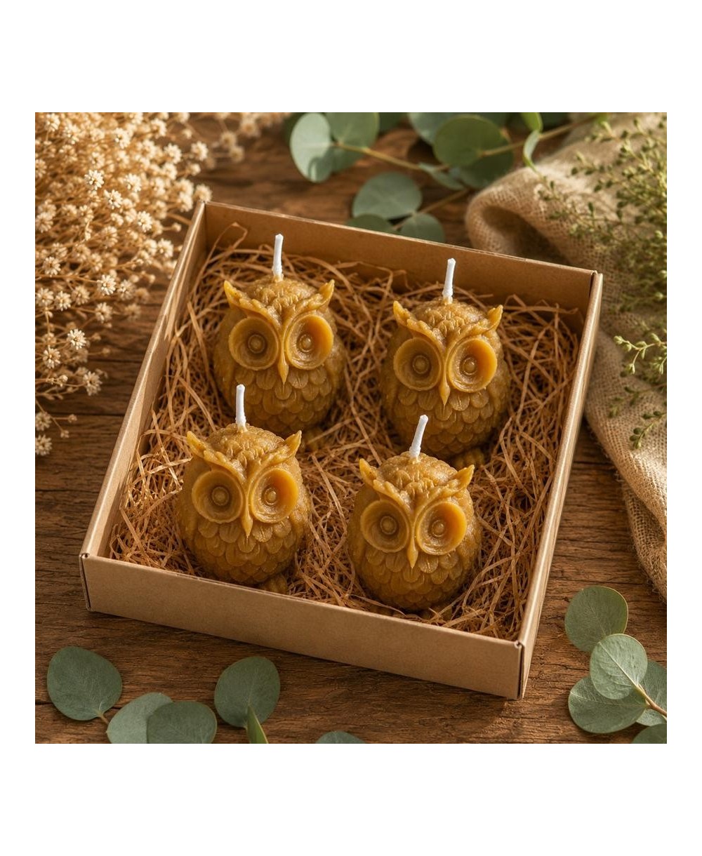 Conjunto de velas búho artesanales de cera de abeja natural para decoración.