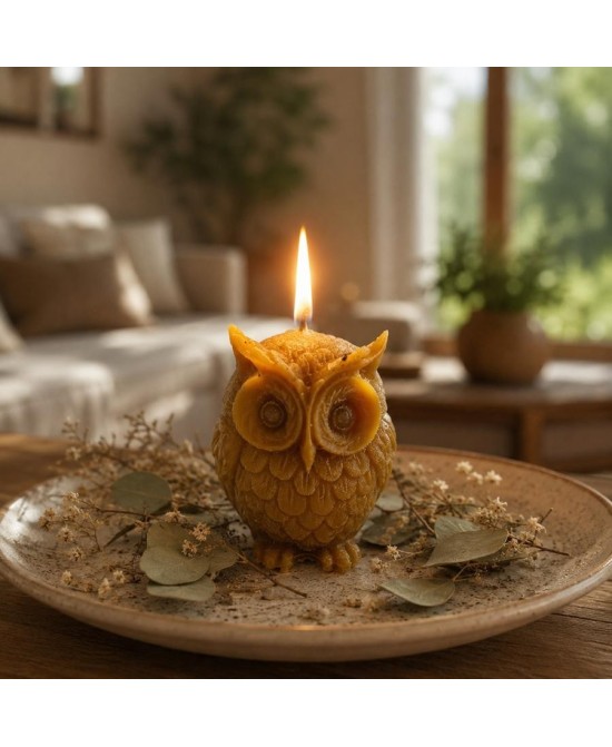 Vela de buho con la mecha encendida con decoración de plantas.