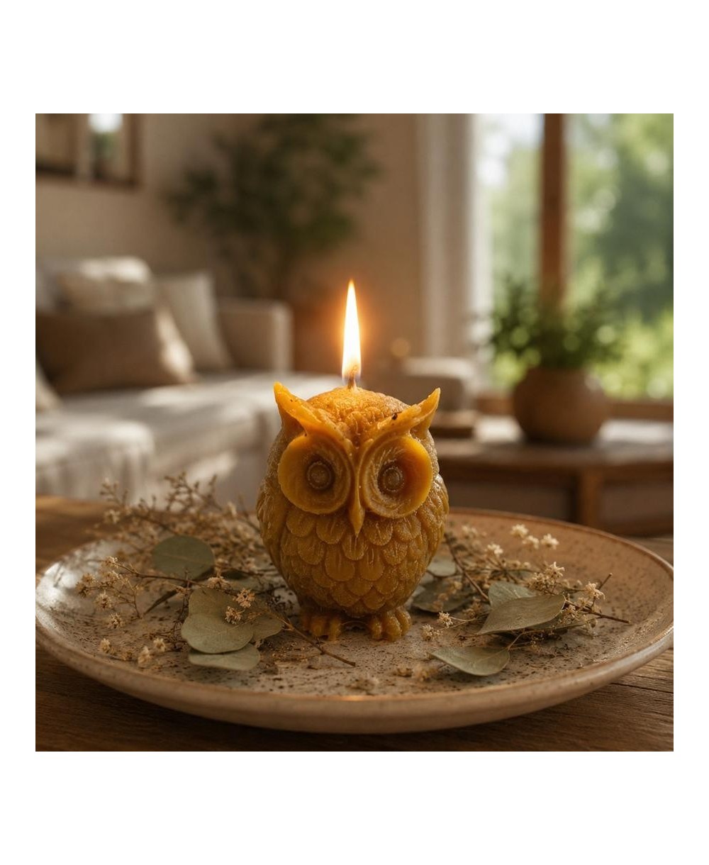 Vela de buho con la mecha encendida con decoración de plantas.