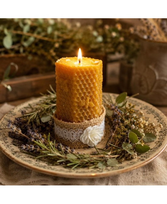 Presentación de vela artesanal de cera de abeja sobre base decorativa de madera.