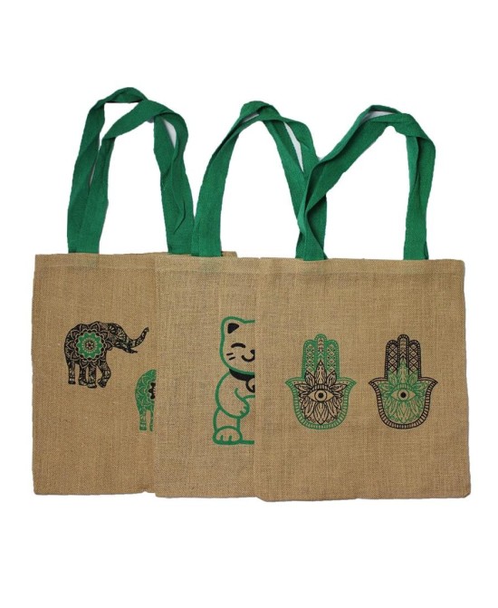 Bolsa grande de yute ecológica con símbolos místicos decorativos, asas verdes y formato reutilizable para compras y uso diario.