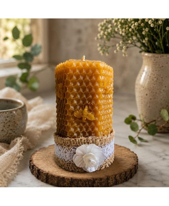 Vela decorativa de panal de abeja elaborada con cera de abeja natural para regalar o decorar.