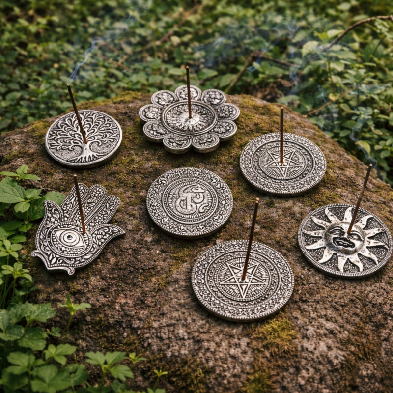 Soportes tibetanos de metal con símbolos espirituales para varillas de incienso.