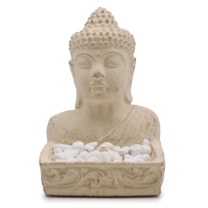 Portaincienso con figura de buda y base con piedras para conos o varillas.