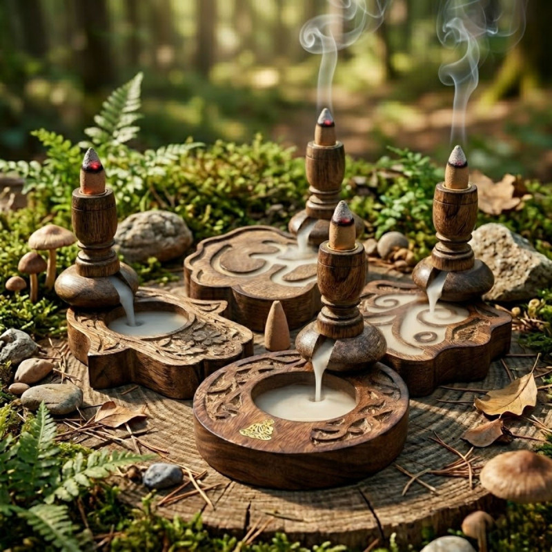 Quemadores de madera con símbolos para conos de incienso de reflujo con efecto cascada.