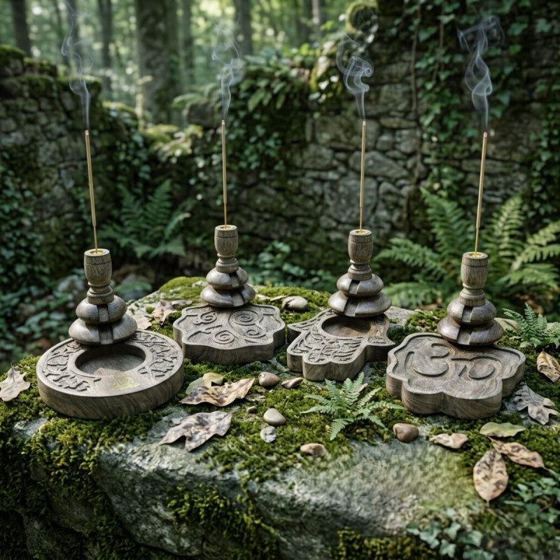 Quemador de madera estilo vintage con símbolos para conos de incienso de reflujo efecto cascada.