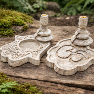 Quemador de madera vintage grande con símbolos para conos de incienso de reflujo efecto cascada.