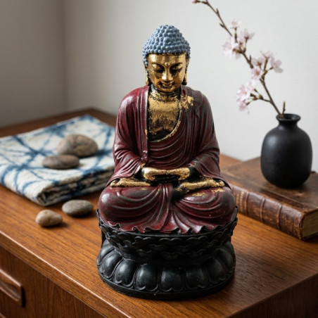 Figura de buda sentado en posición de meditación con acabado dorado y túnica roja.