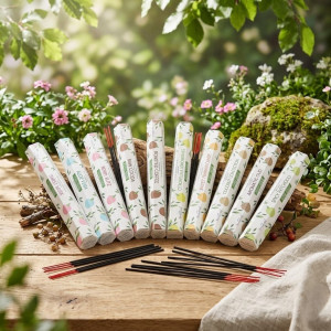 Varillas de incienso natural en caja con diferentes aromas botánicos para crear ambientes de bienestar y relajación.