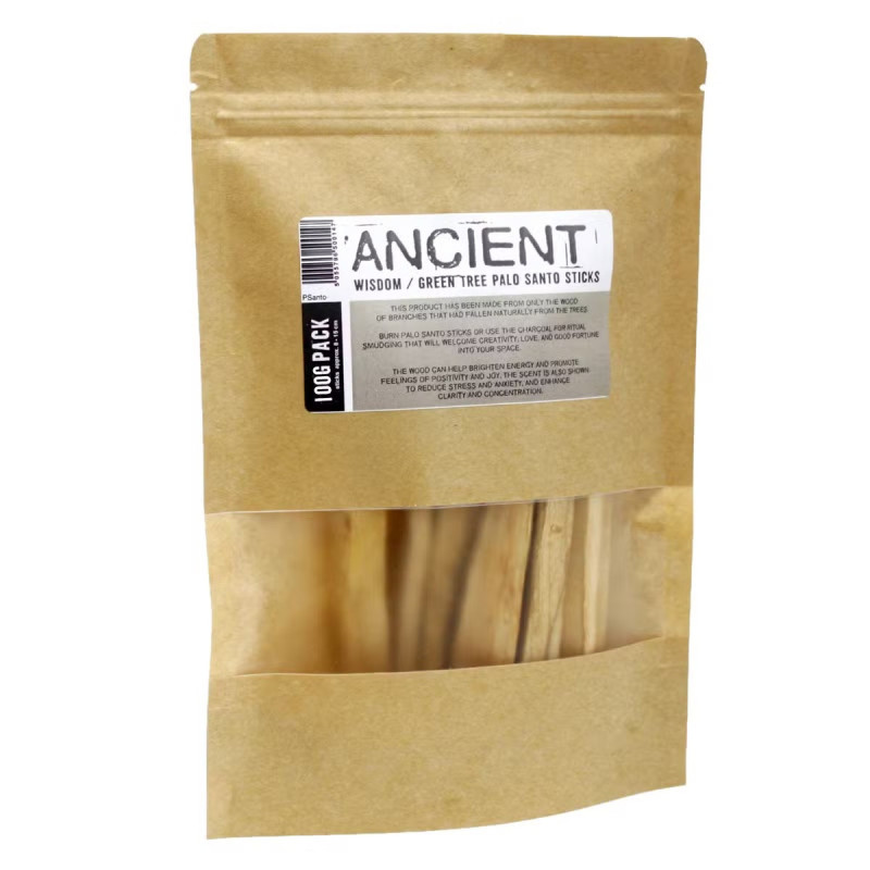 Varitas de palo santo natural en bolsa kraft de 100 g para incienso natural.