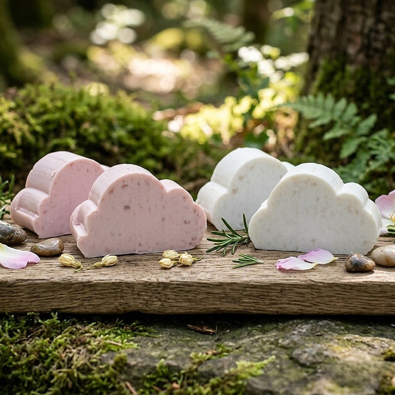 Pack de 10 jabones pequeños con formas de nubes para limpieza de manos y uso en baño de invitados.