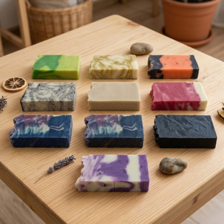 Jabones corporales de aceite de oliva con diferentes aceites esenciales para limpieza e hidratación de la piel.