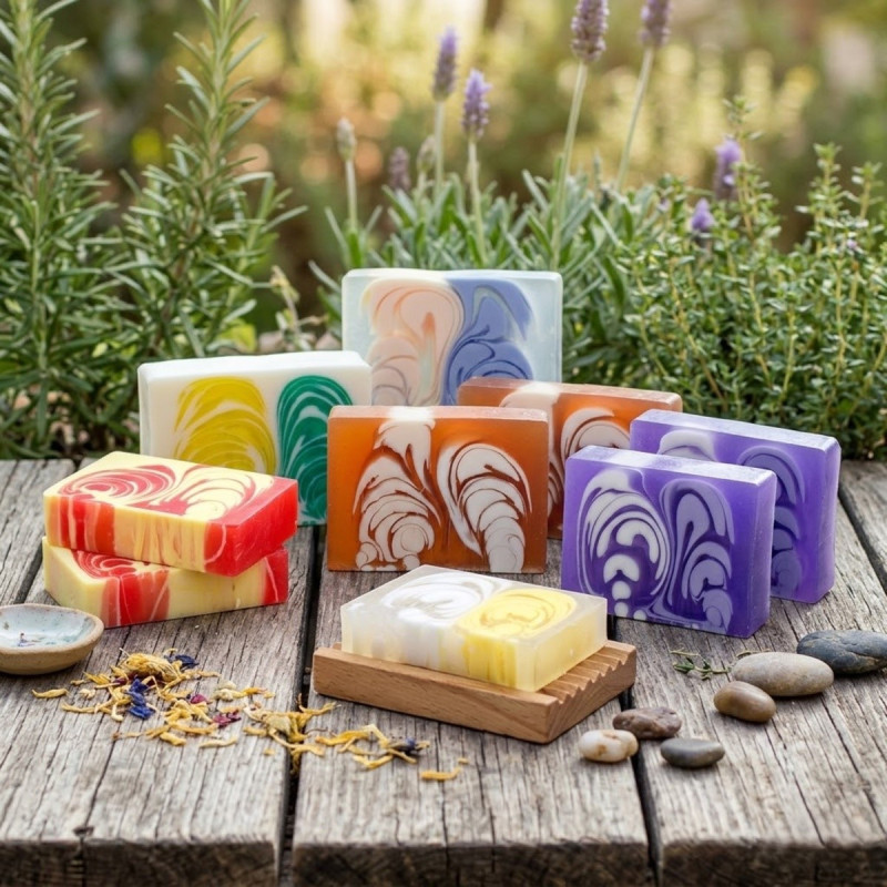 Barras de jabones artesanales con diferentes aromas para uso corporal e higiene diaria.
