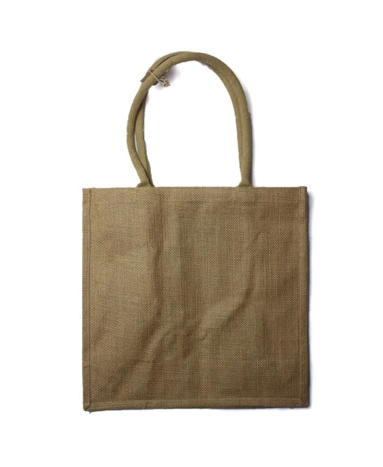 Bolsa de yute ecológica con compartimentos interiores y asas resistentes para transportar botellas.