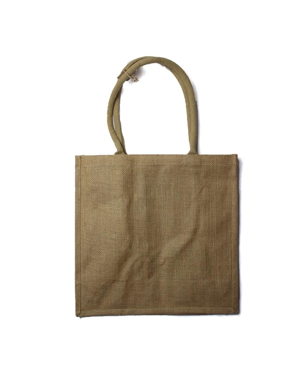 Bolsa de yute ecológica con compartimentos interiores y asas resistentes para transportar botellas.