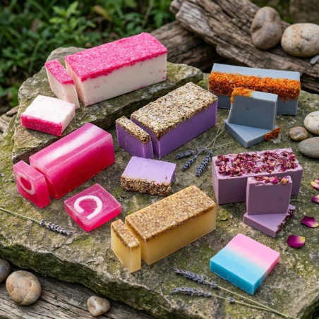 Barras de jabón artesanal disponibles en diferentes aromas y acabados decorativos hechas a mano.