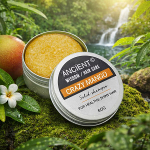 champú sólido de mango presentado en formato compacto dentro de lata.