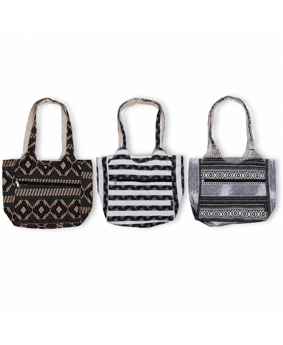 Bolso tote de algodón y viscosa con diseño étnico jacquard para compras y uso cotidiano.